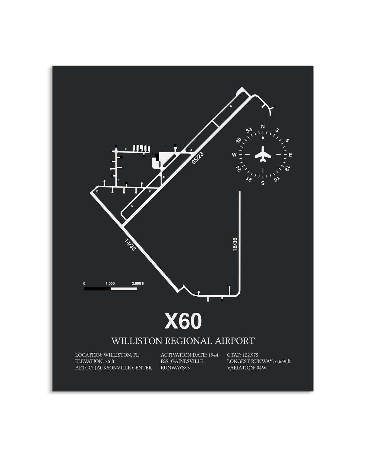 Gray Framed Williston Regional Airport layout wall art poster