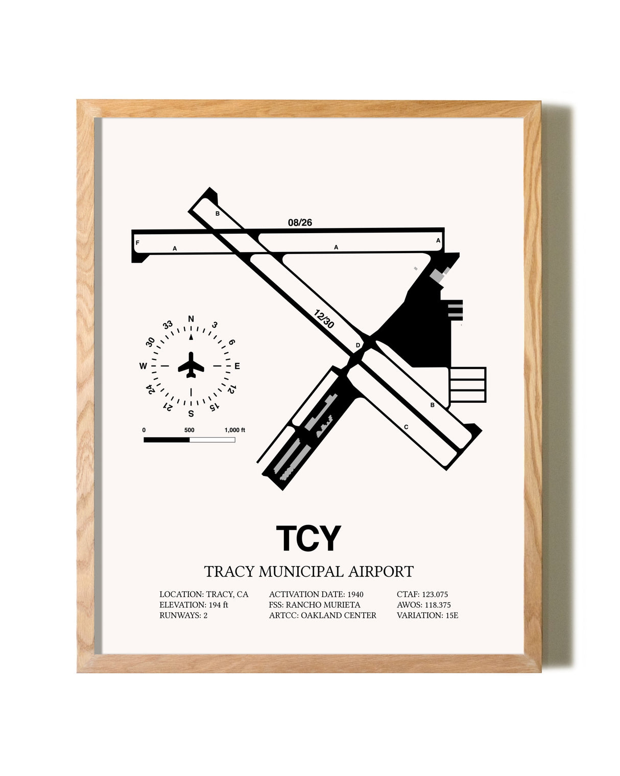 Tracy Municipal Airport framed print in natural wood frame