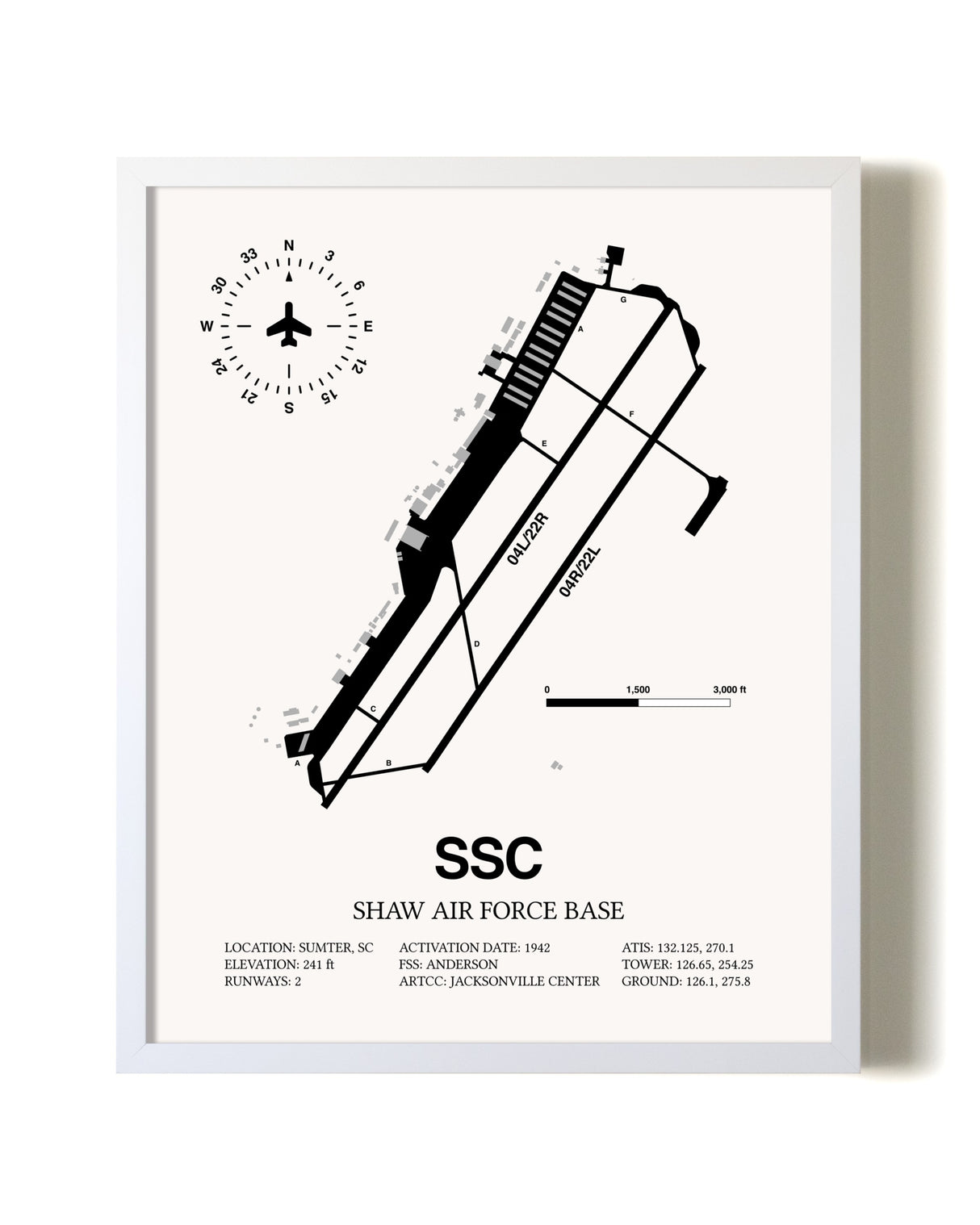 Shaw Air Force Base airport map poster in oak frame