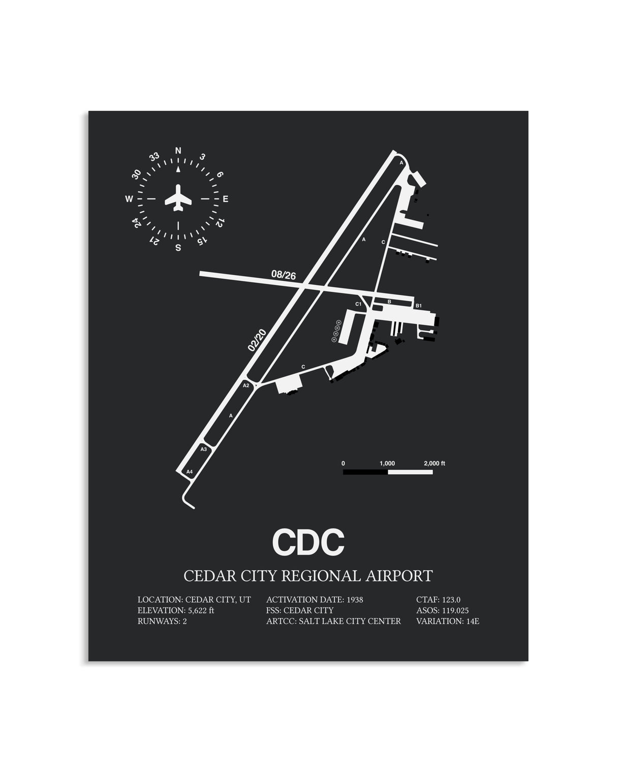Gray Framed Cedar City Regional Airport layout wall art poster
