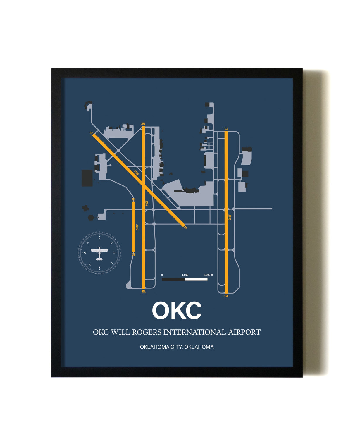 Blue and Yellow Framed OKC Will Rogers International Airport wall art poster in black frame
