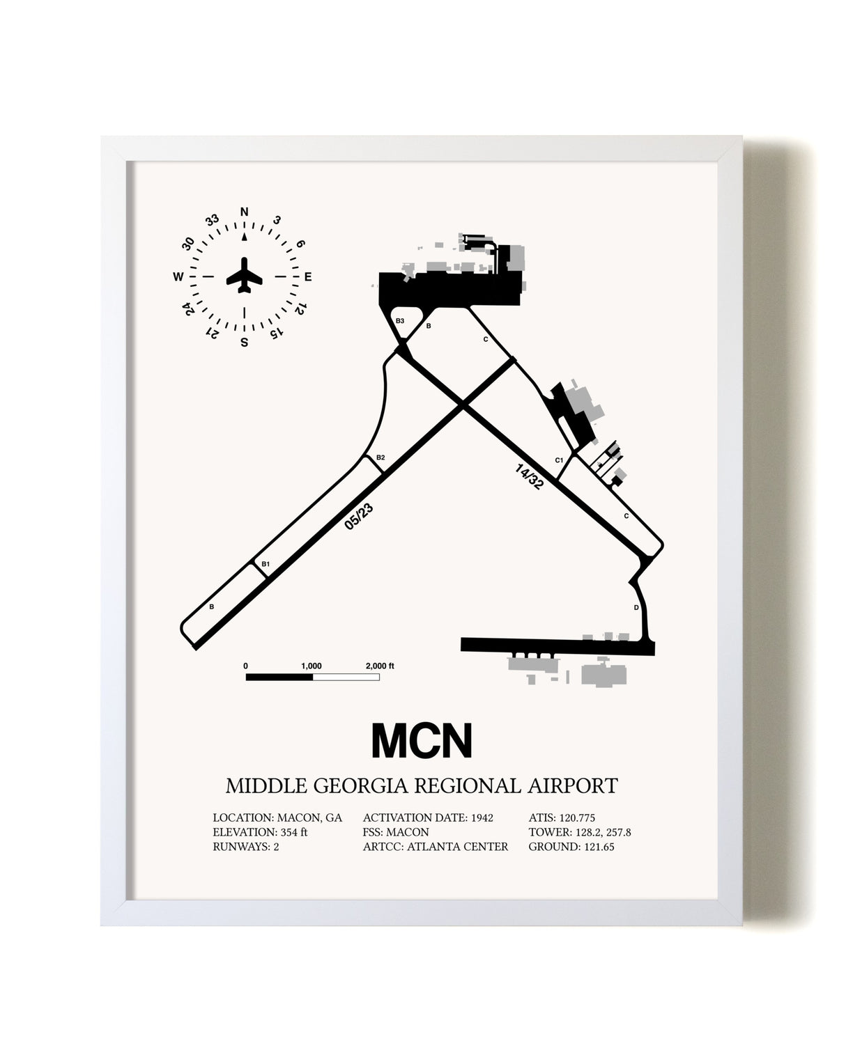 Middle Georgia Regional Airport airport map poster in oak frame