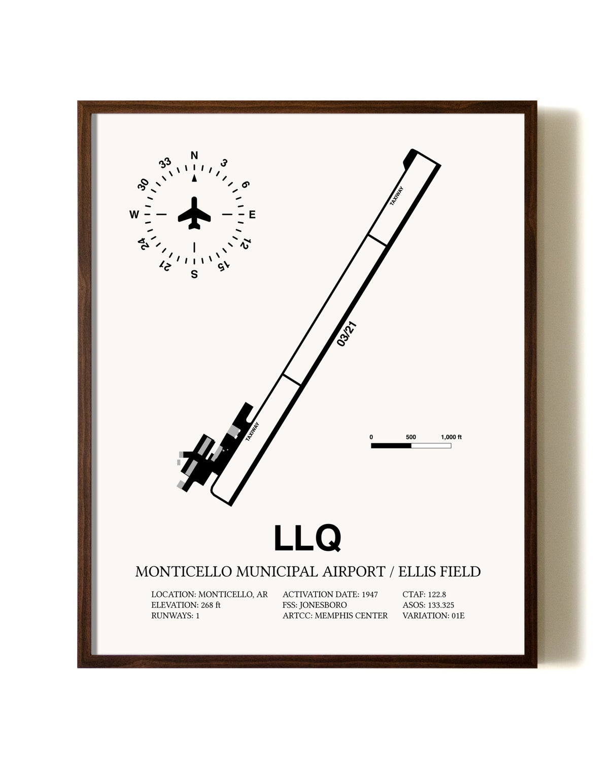 Monticello Municipal Airport / Ellis Field aviation print in walnut frame
