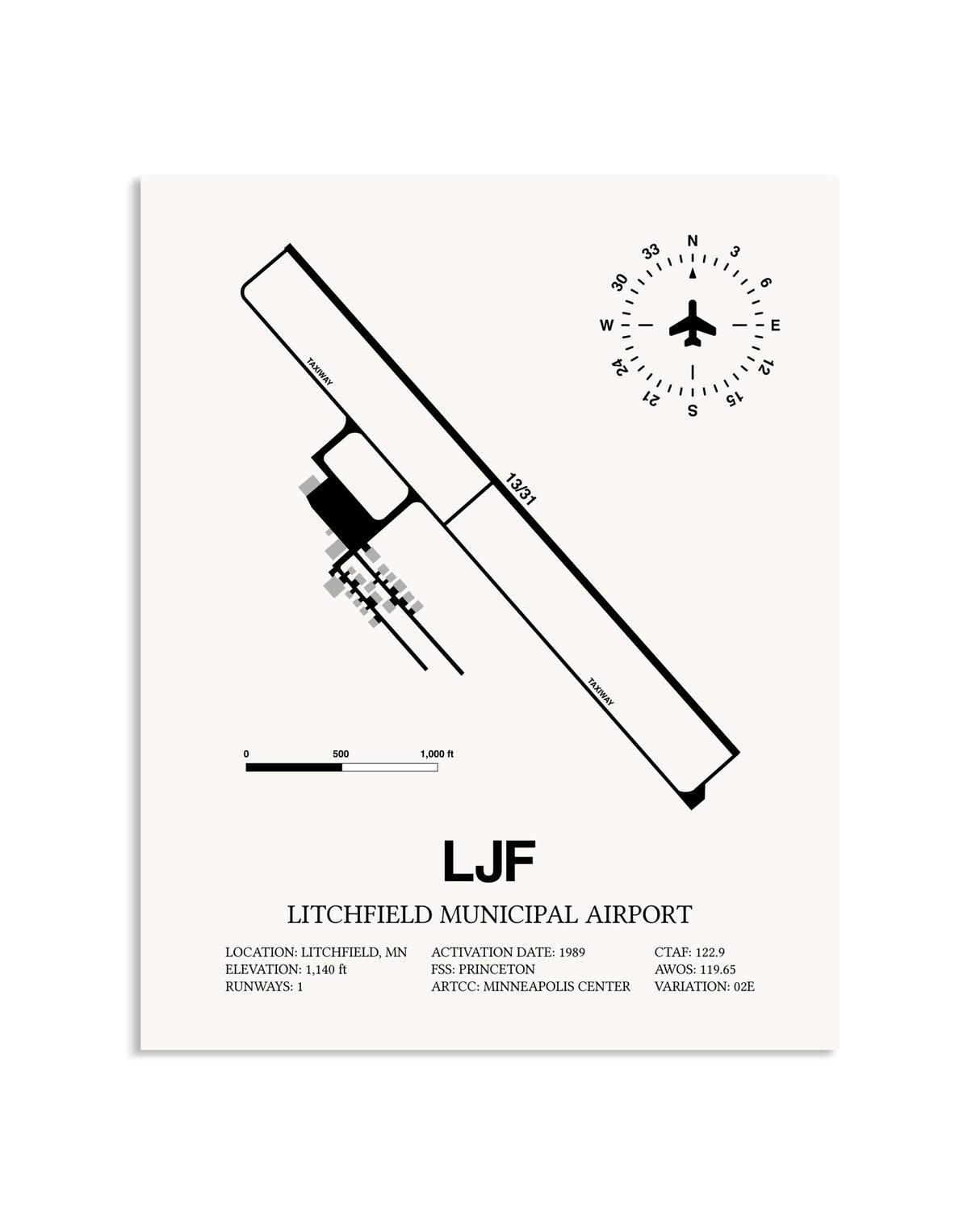 Gray Litchfield Municipal Airport framed poster displayed in an airplane hangar