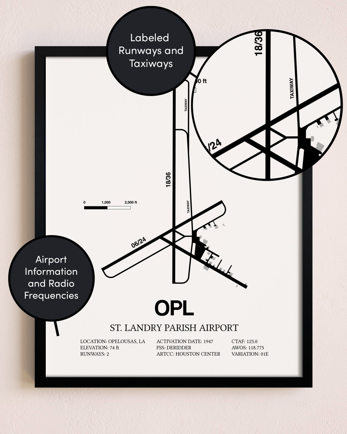 Framed St. Landry Parish Airport layout wall art poster