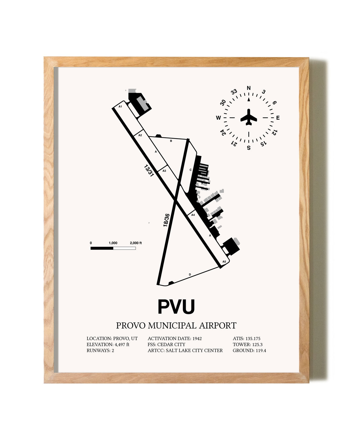 Provo Municipal Airport framed print in natural wood frame
