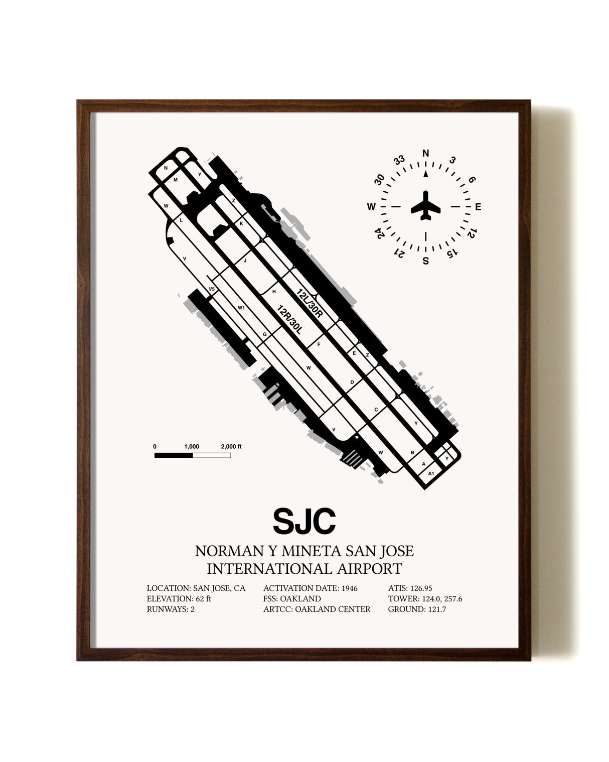 San Jose Mineta International Airport aviation print in walnut frame