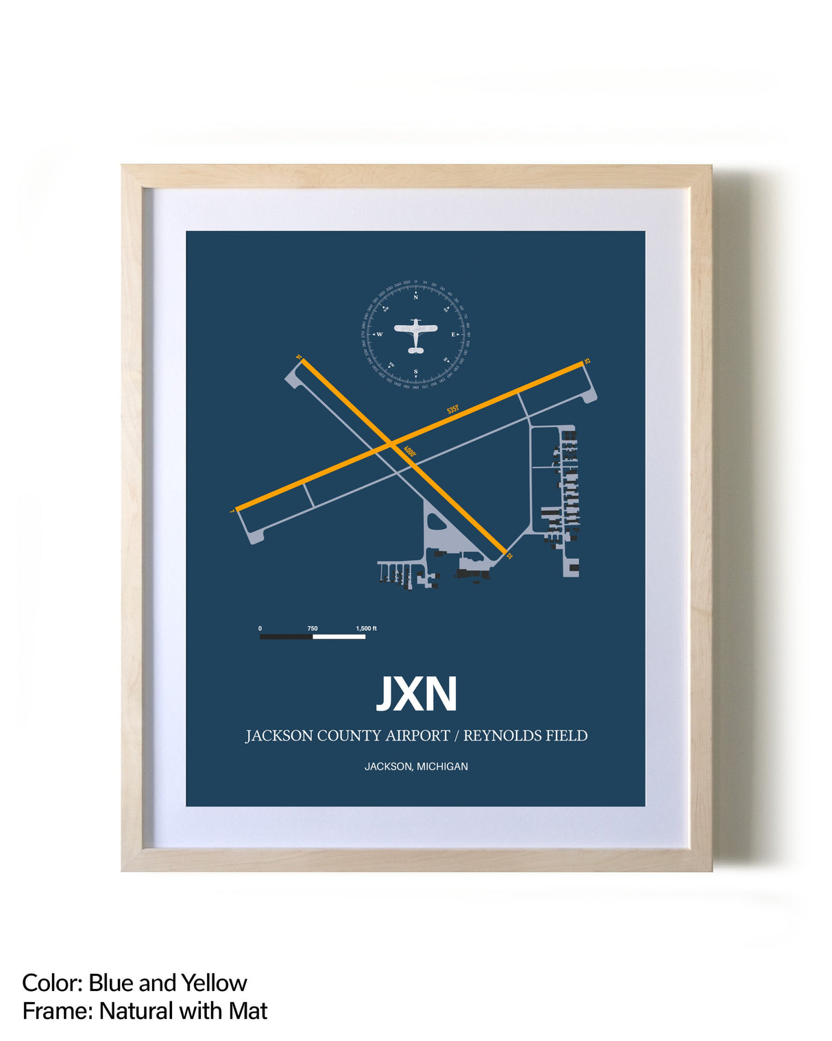 Jackson County Airport/Reynolds Field framed print in natural wood frame with mat