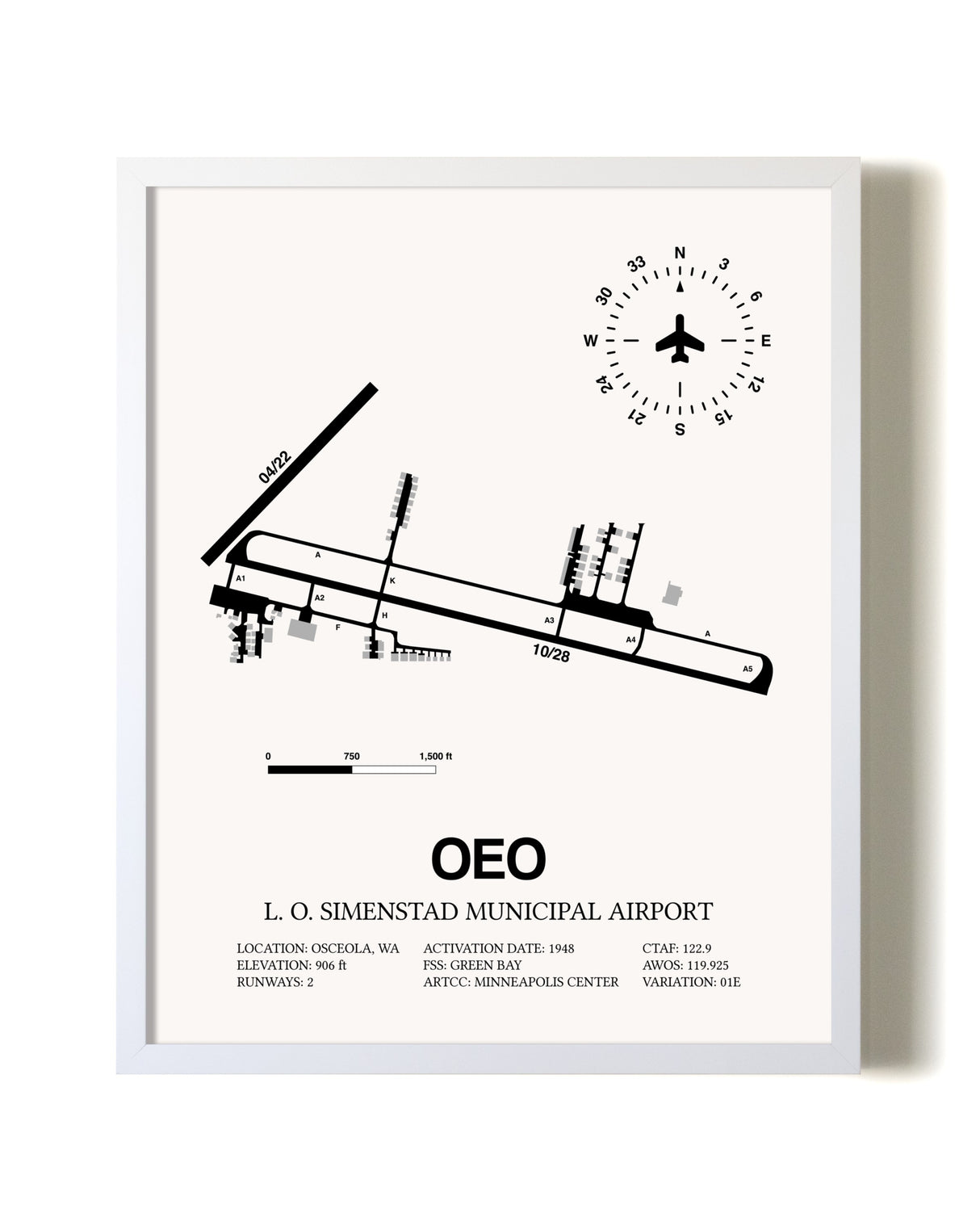 L. O. Simenstad Municipal Airport airport map poster in oak frame