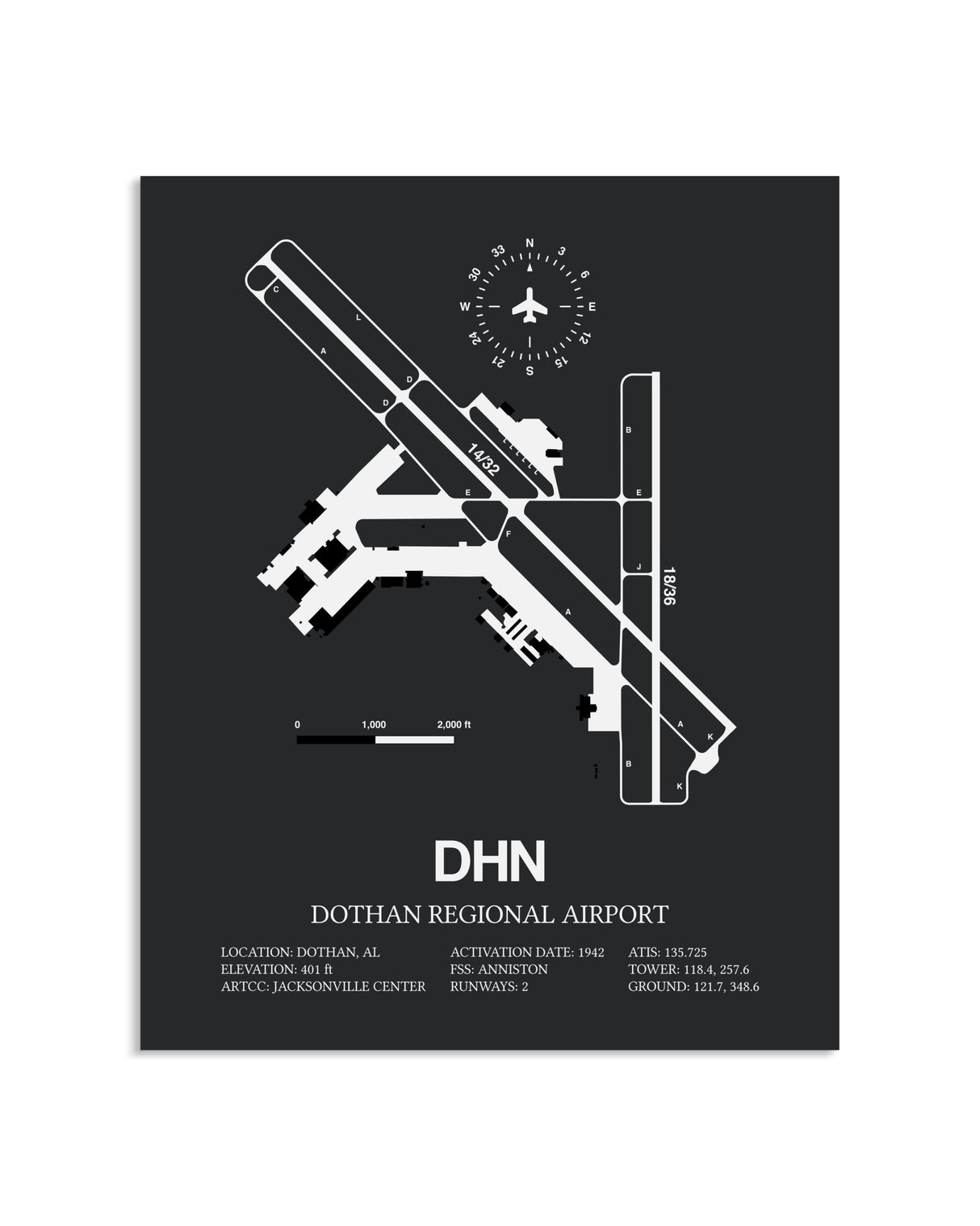 Gray Framed Dothan Regional Airport layout wall art poster
