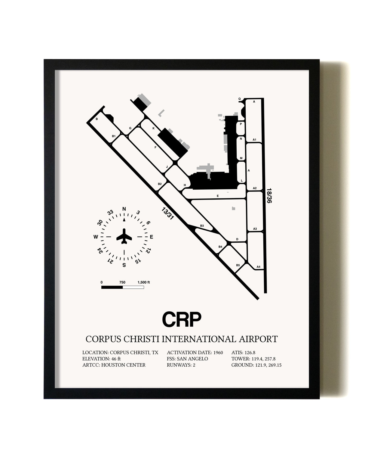 Framed Corpus Christi International Airport wall art poster in black frame