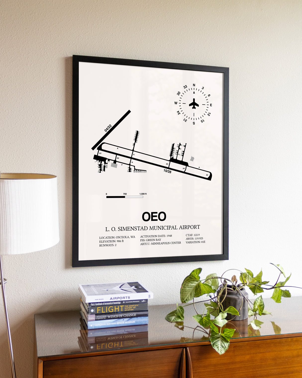 L. O. Simenstad Municipal Airport aviation wall décor in black wood frame