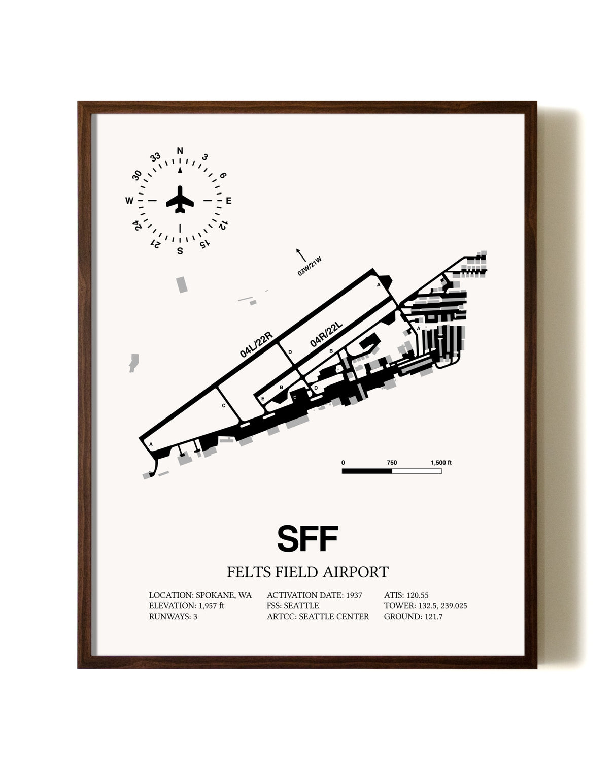 Felts Field Airport aviation print in walnut frame