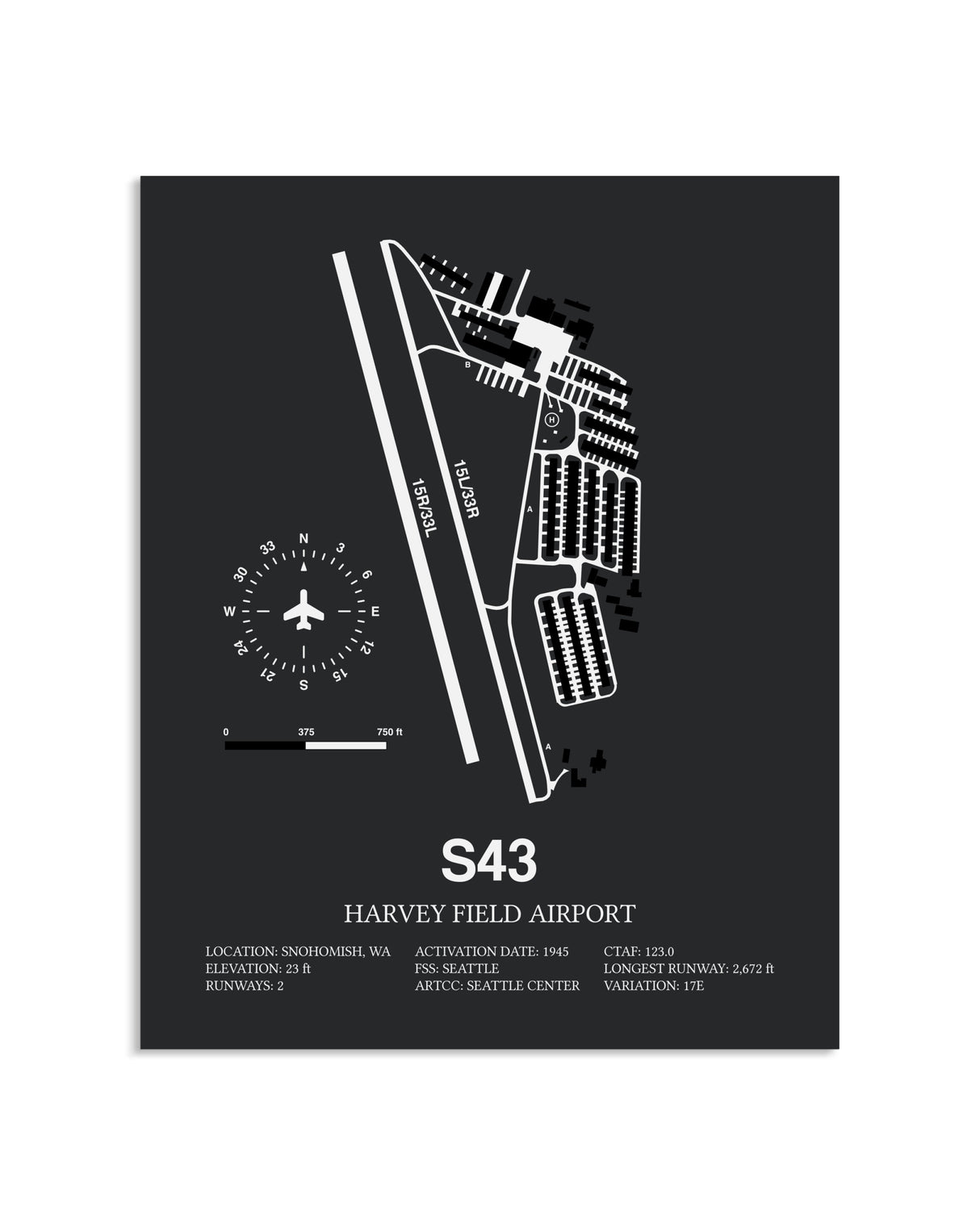 Gray Framed Harvey Field Airport layout wall art poster