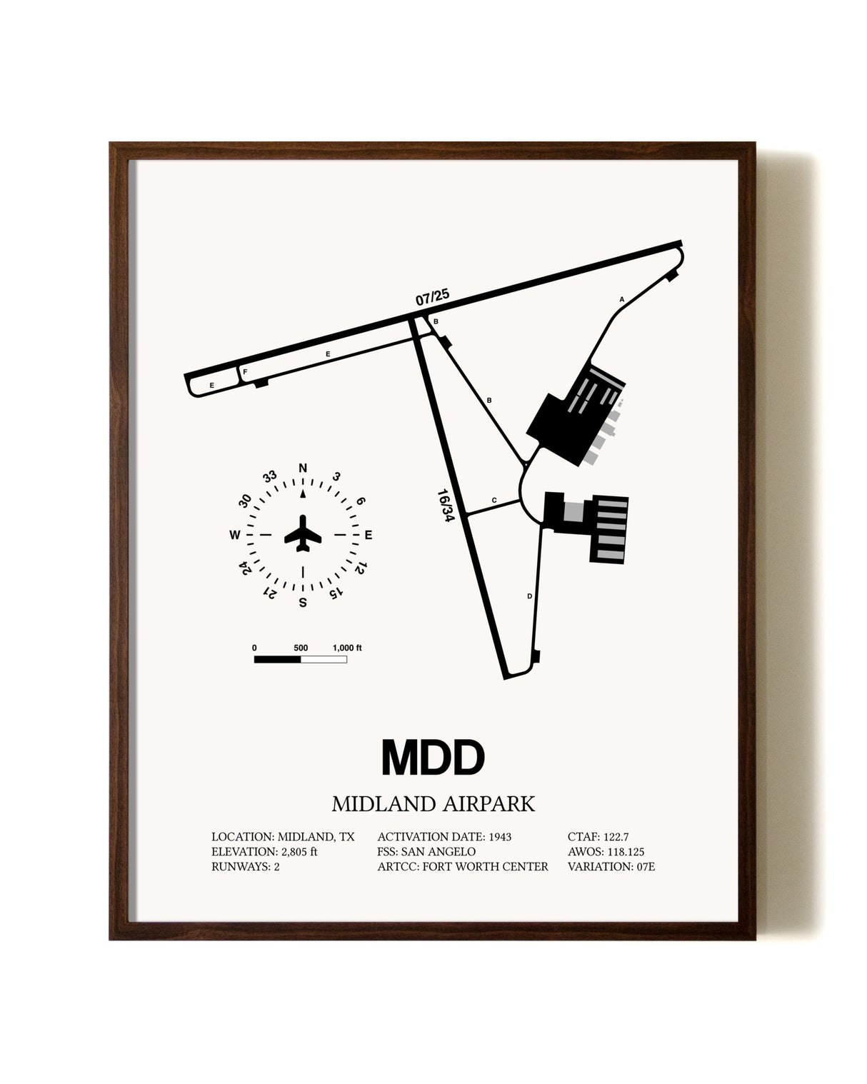 Midland Airpark aviation print in walnut frame