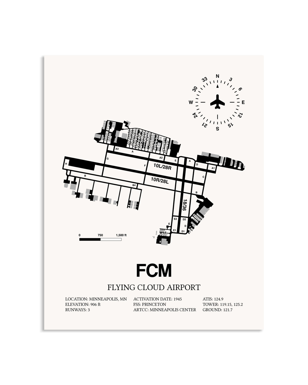 Gray Flying Cloud Airport framed poster displayed in an airplane hangar