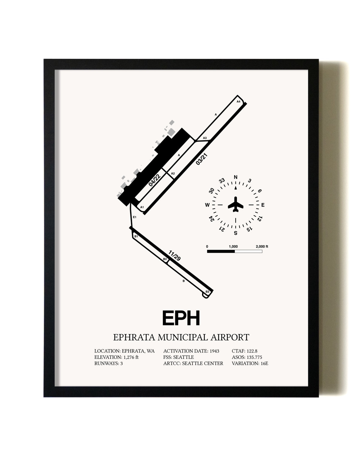 Framed Ephrata Municipal Airport wall art poster in black frame