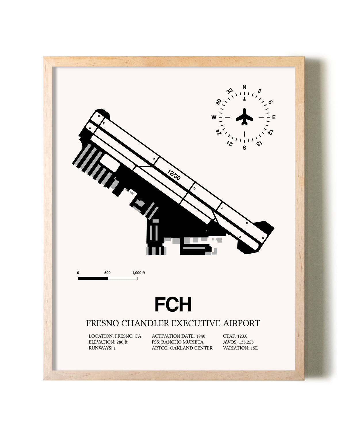 Fresno Chandler Executive Airport framed wall art in white frame