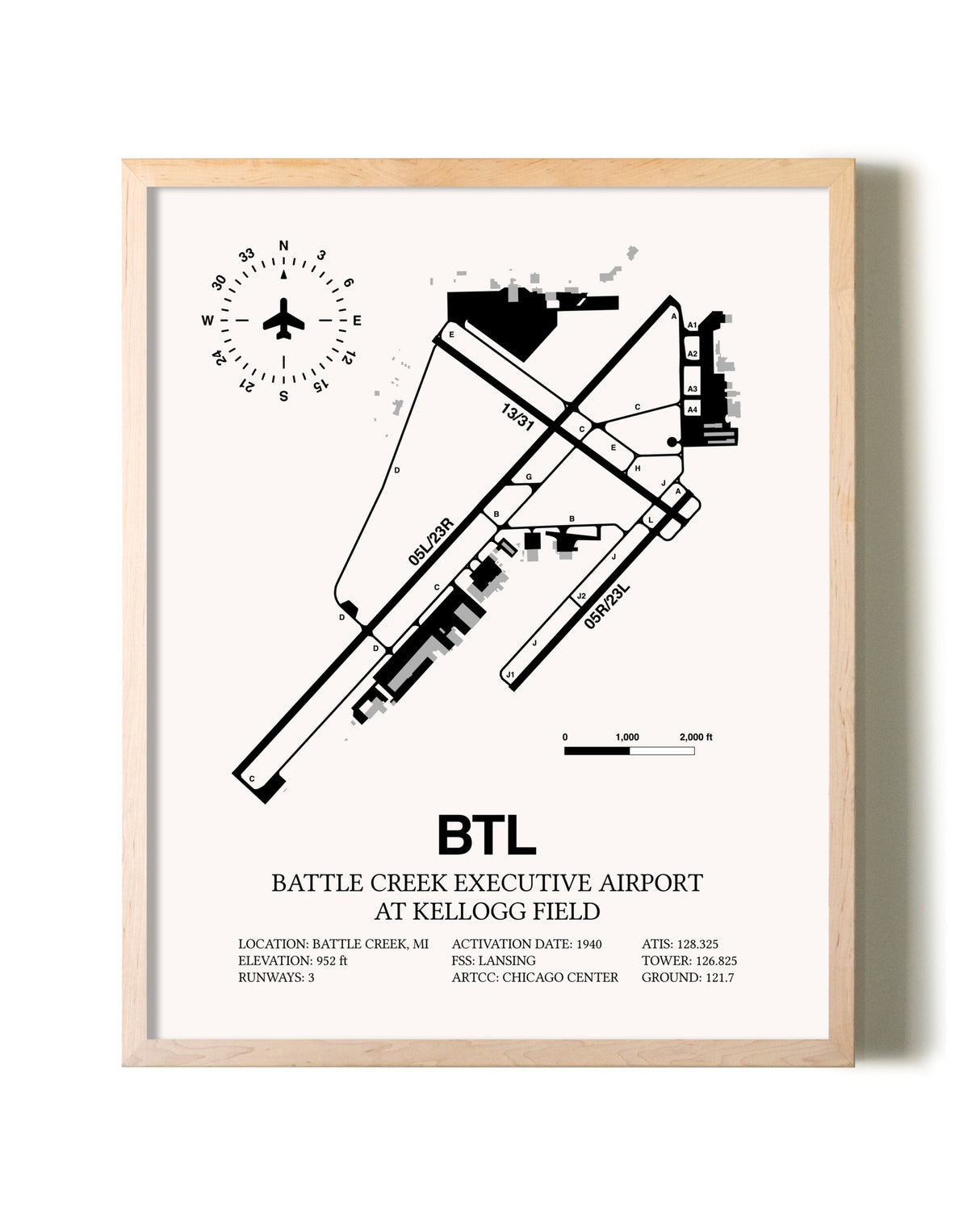 Battle Creek Executive Airport At Kellogg Field framed wall art in white frame