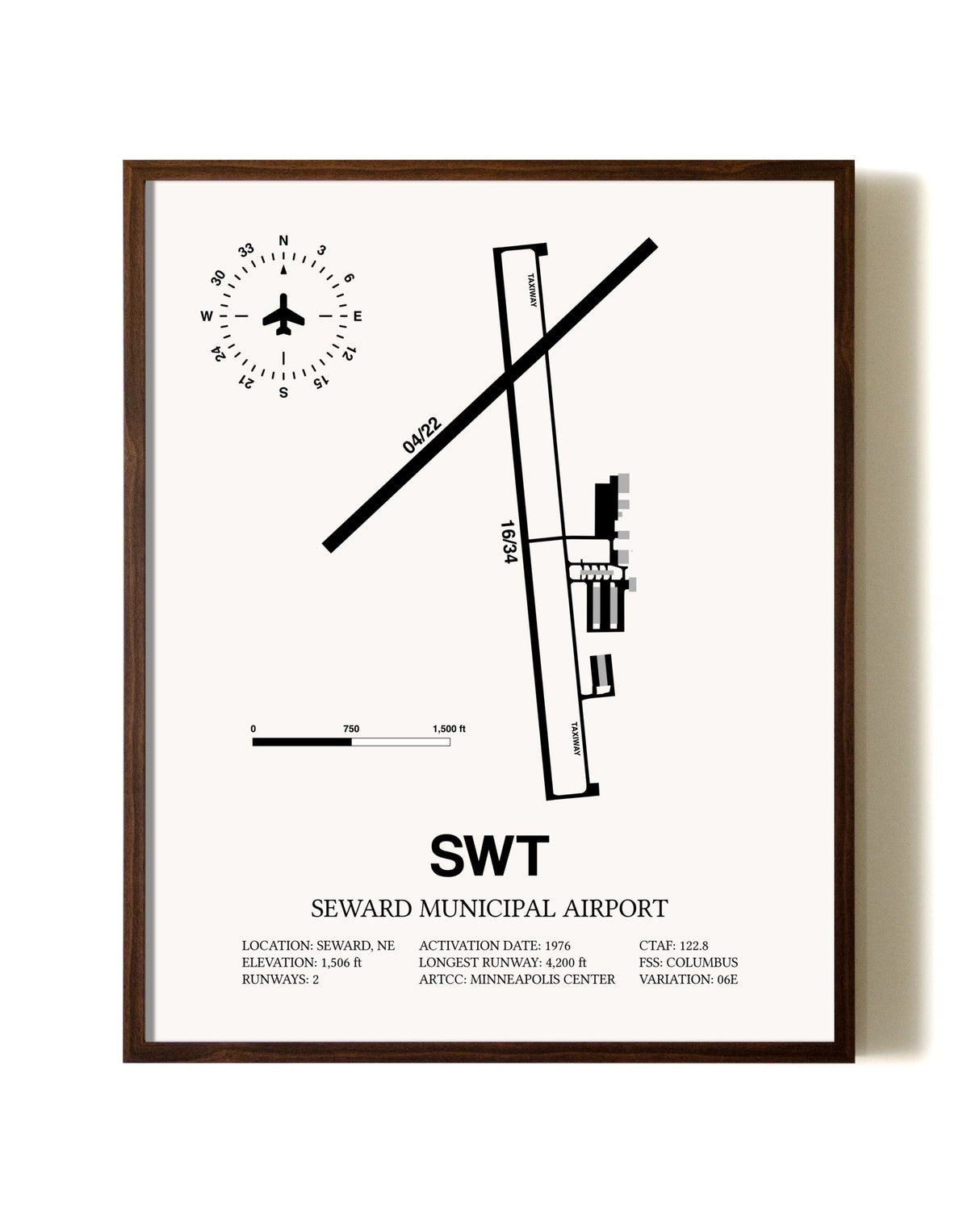 Seward Municipal Airport aviation print in walnut frame