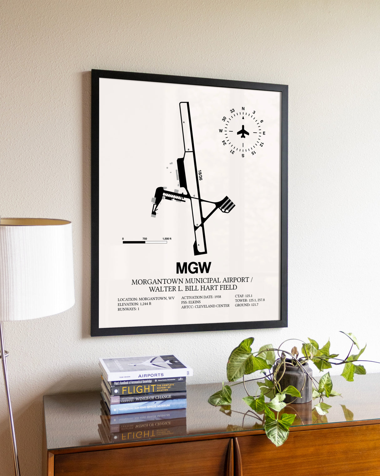 Morgantown Municipal Airport / Walter L. Bill Hart Field aviation wall décor in black wood frame