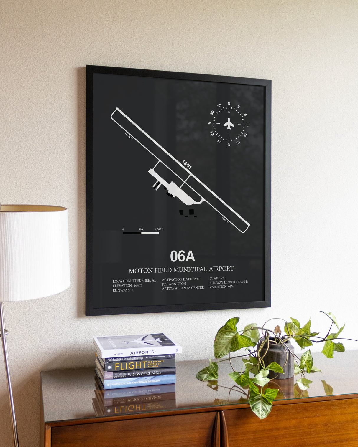 Gray Framed Moton Field Municipal Airport wall art poster in black frame