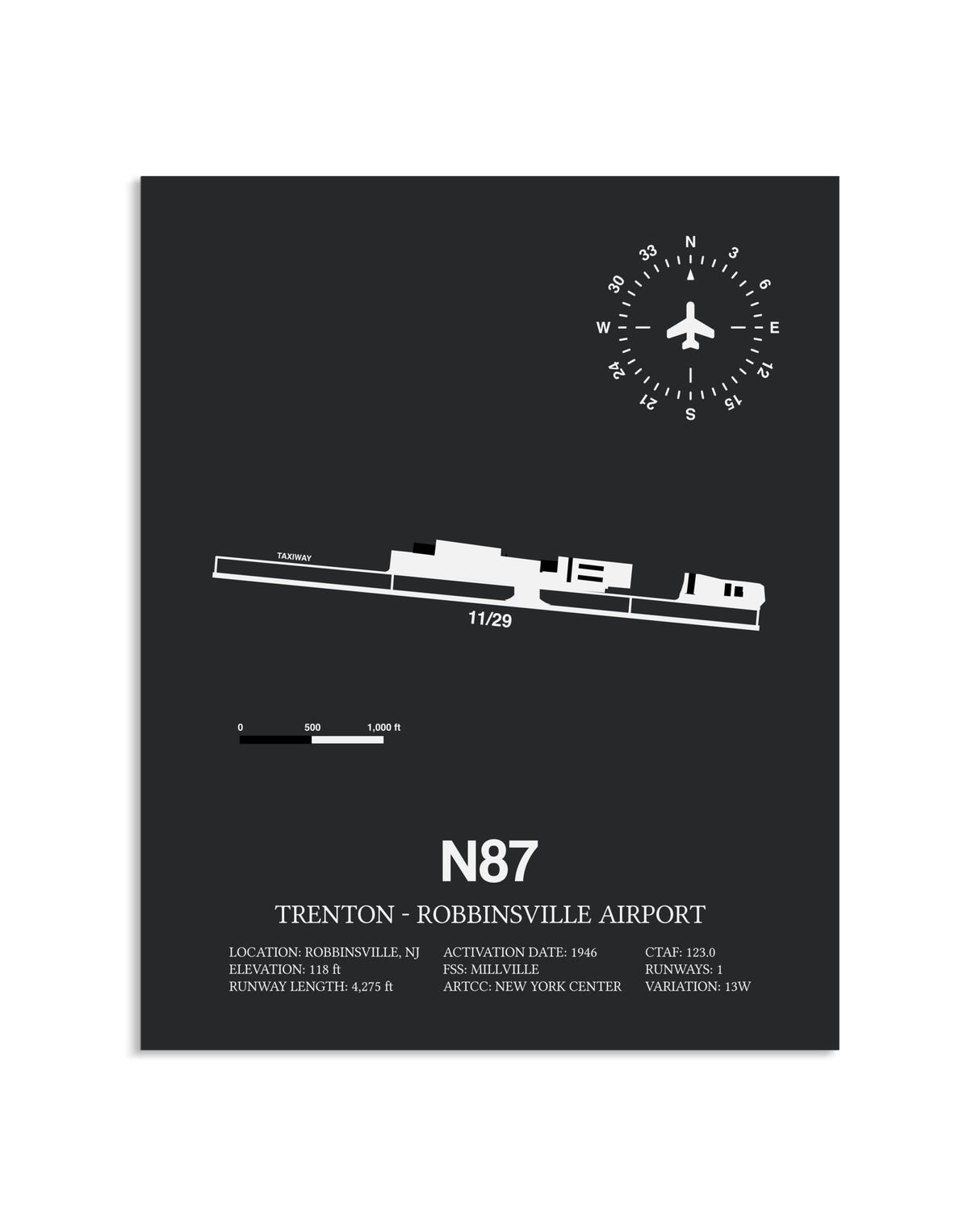 Gray Framed Trenton-Robbinsville Airport layout wall art poster
