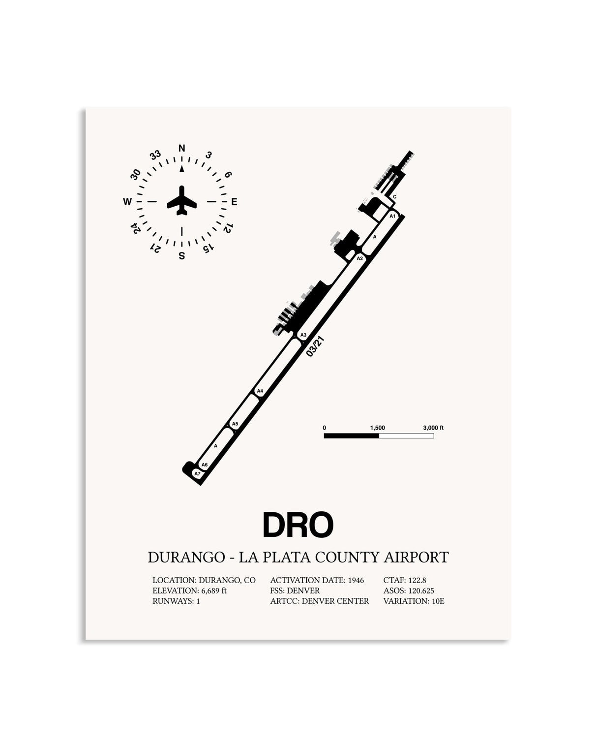 Gray Durango-La Plata County Airport framed poster displayed in an airplane hangar