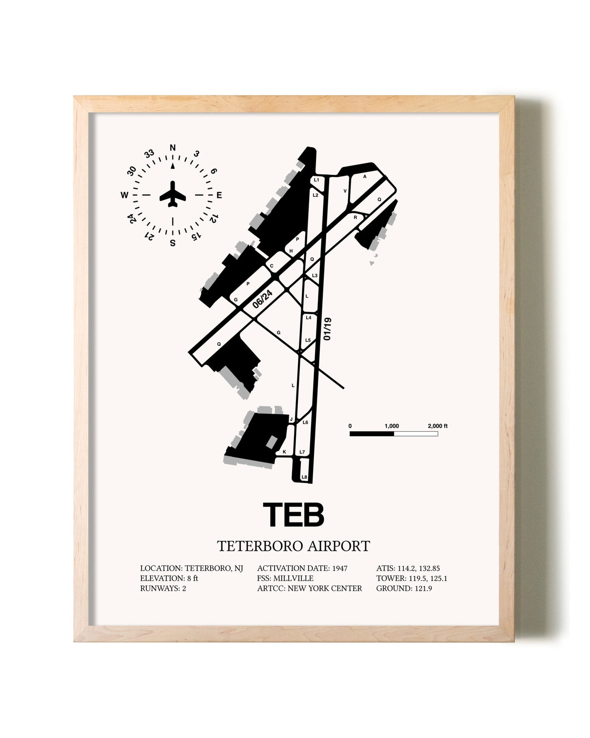 Teterboro Airport framed wall art in white frame