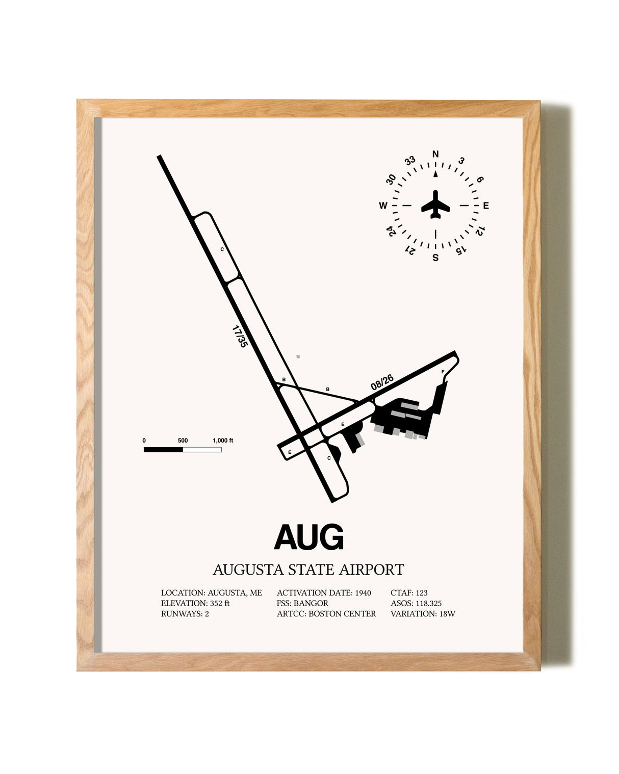 Augusta State Airport framed print in natural wood frame