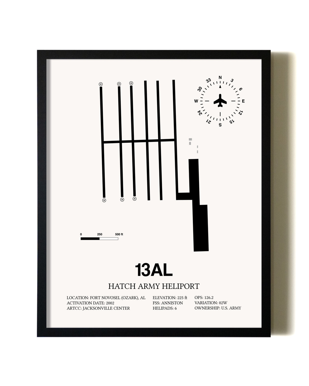 Framed Hatch Army Heliport wall art poster in black frame