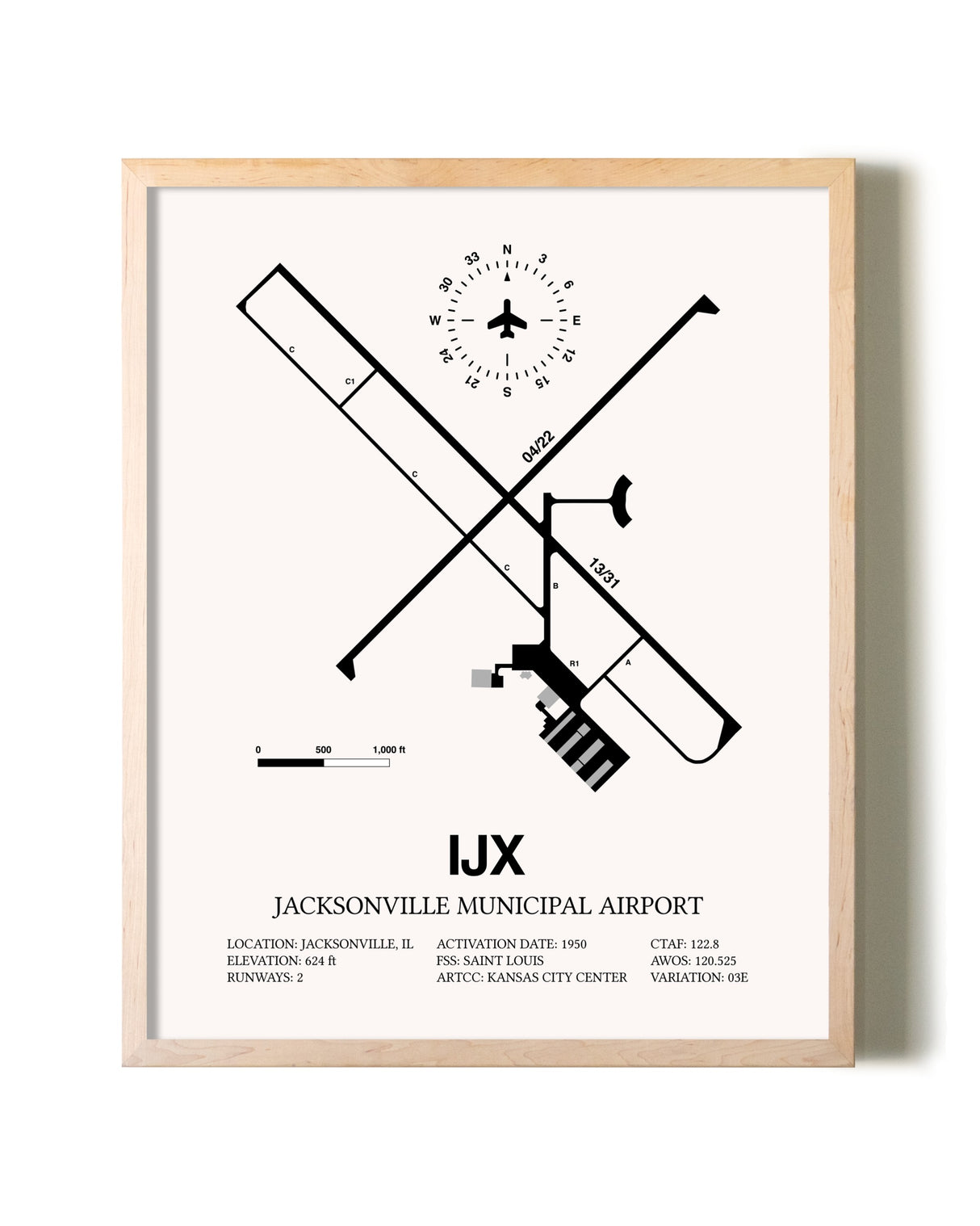 Jacksonville Municipal Airport framed wall art in white frame