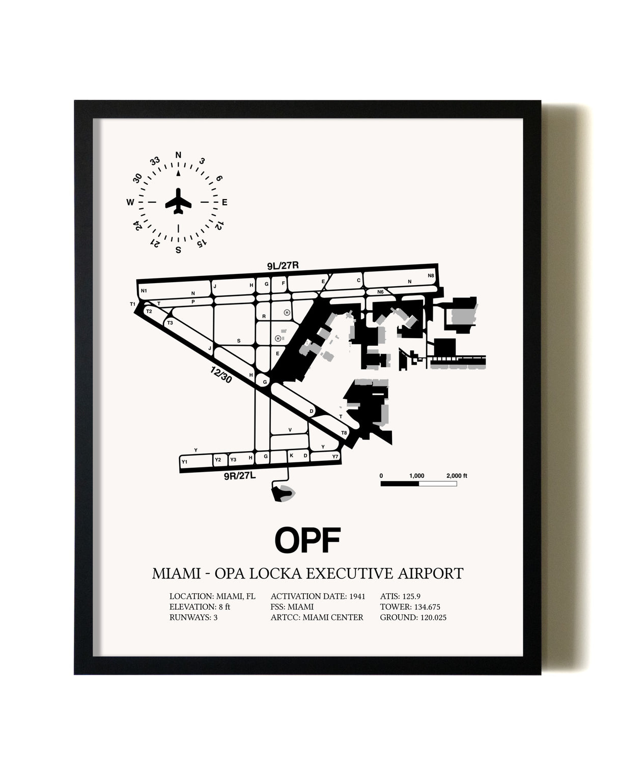 Framed Miami-Opa Locka Executive Airport wall art poster in black frame