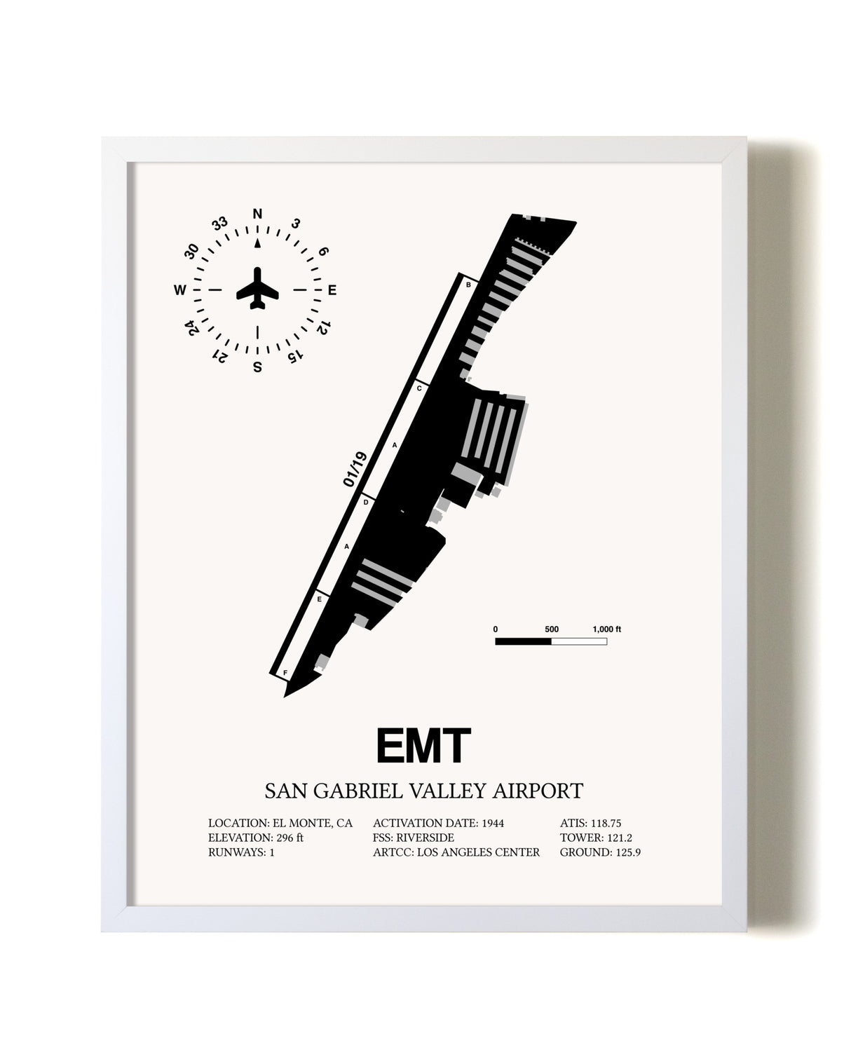 San Gabriel Valley Airport airport map poster in oak frame