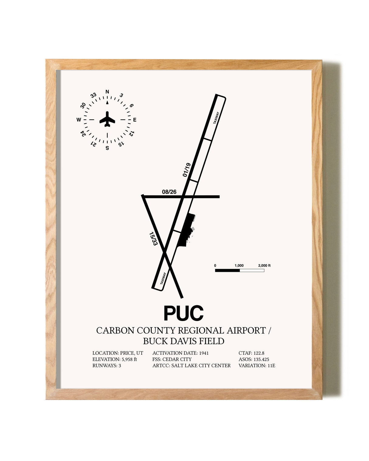 Carbon County Regional Airport / Buck Davis Field framed print in natural wood frame