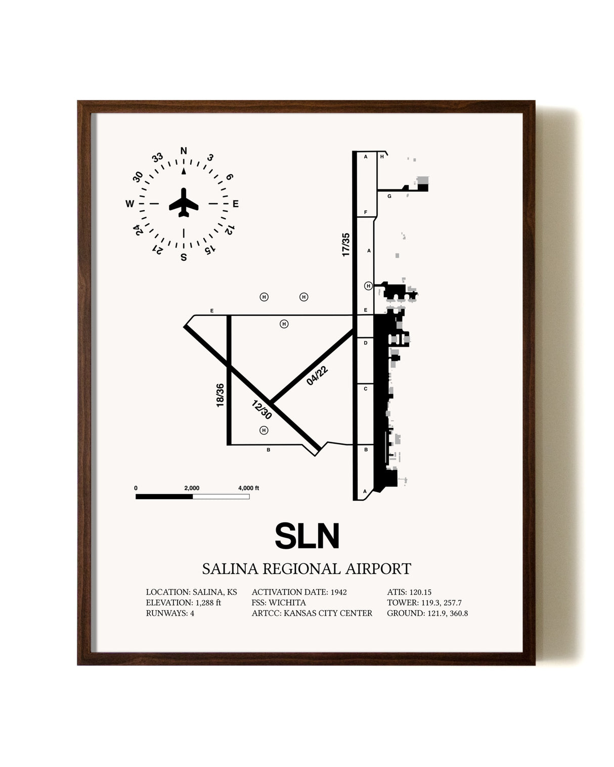 Salina Regional Airport aviation print in walnut frame