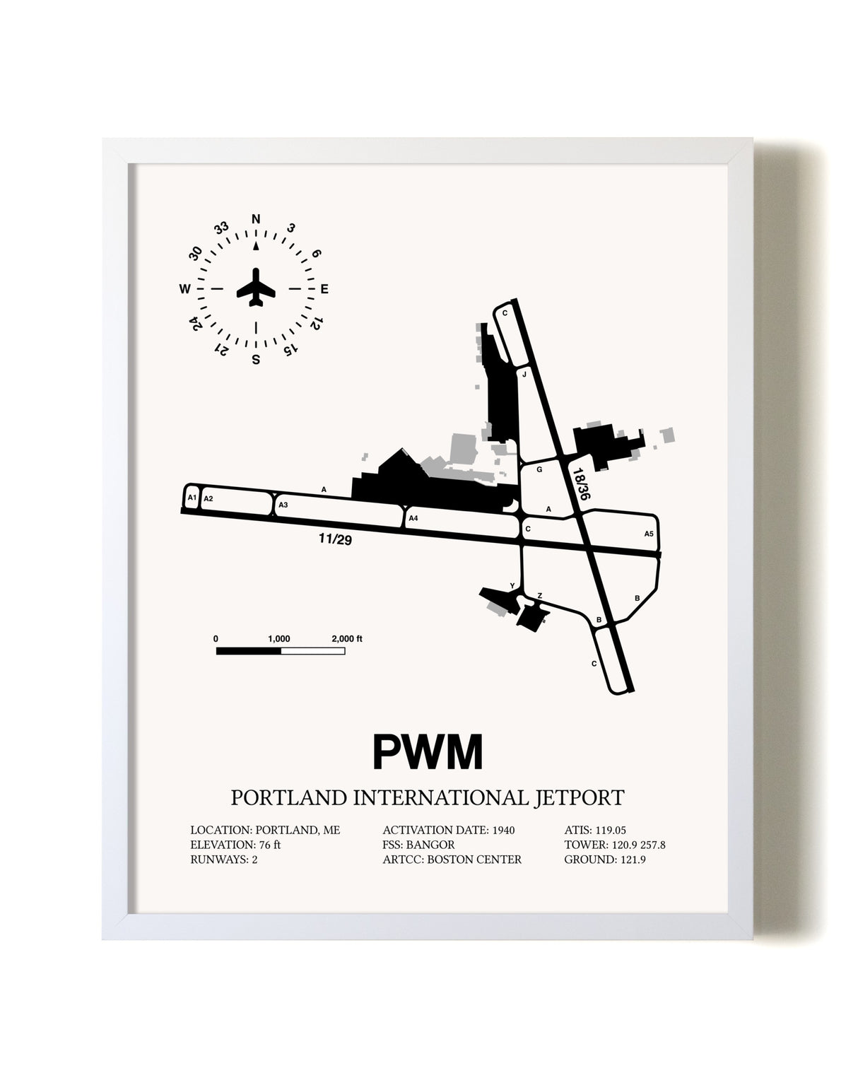 Portland International Jetport airport map poster in oak frame