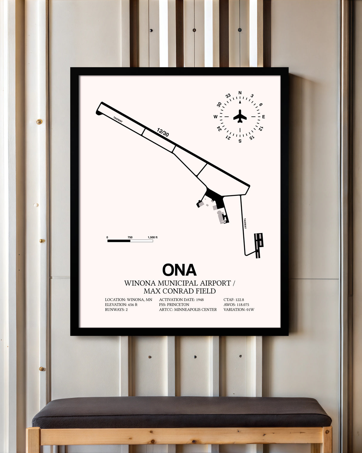 Winona Municipal Airport / Max Conrad Field framed poster displayed in an airplane hangar