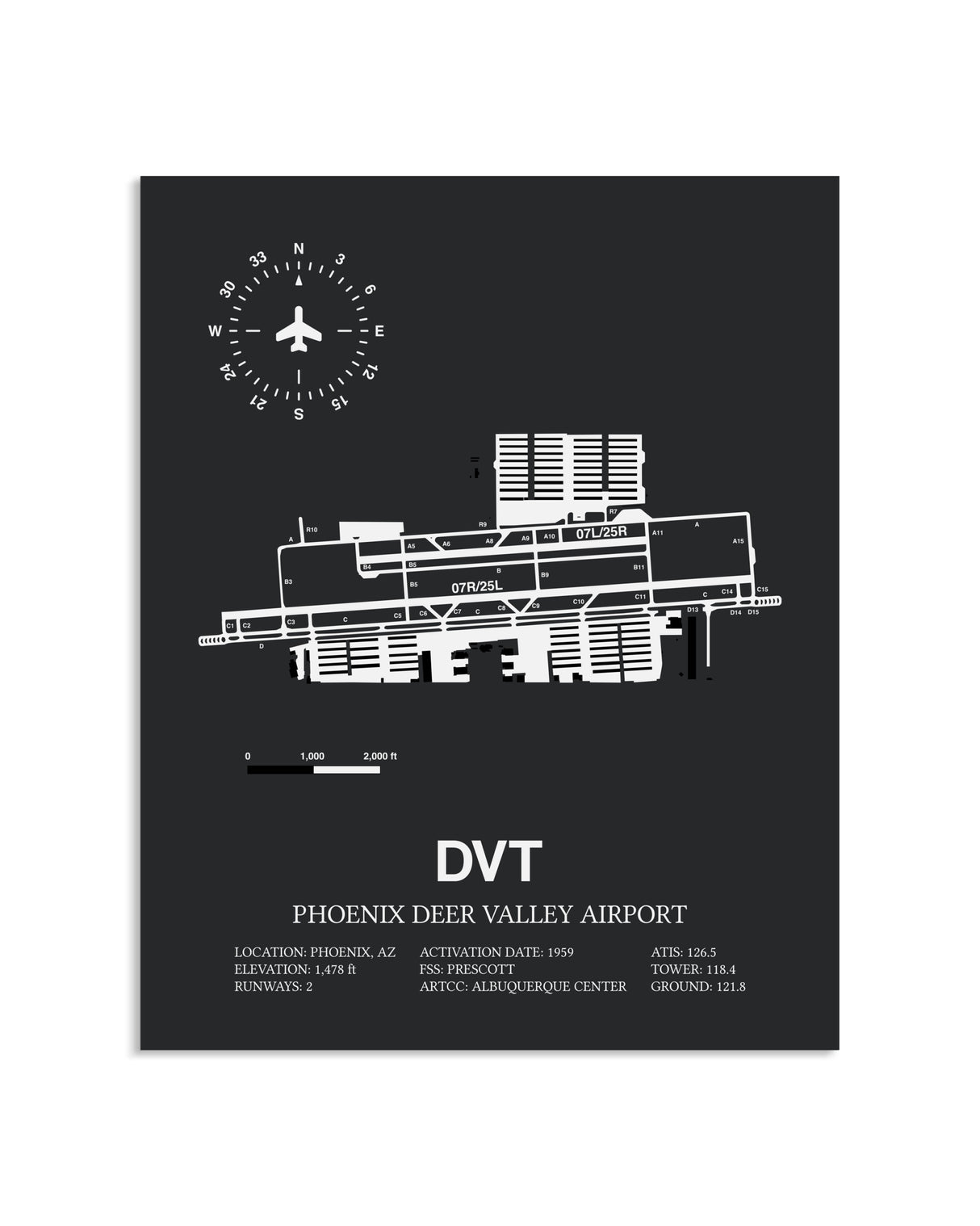 Gray Framed Phoenix Deer Valley Airport layout wall art poster