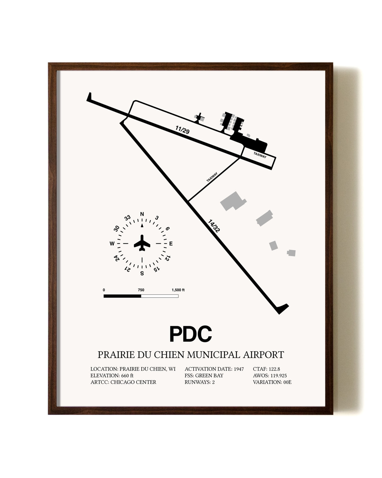 Prairie Du Chien Municipal Airport aviation print in walnut frame