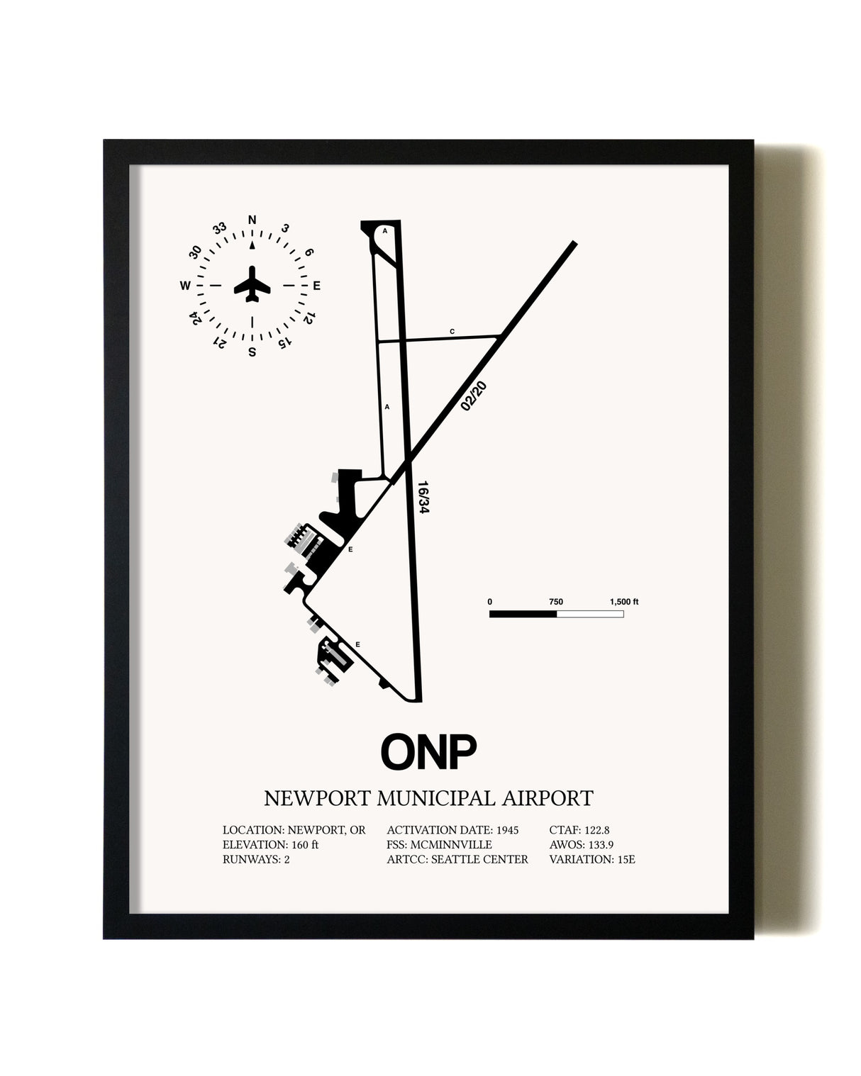Framed Newport Municipal Airport wall art poster in black frame