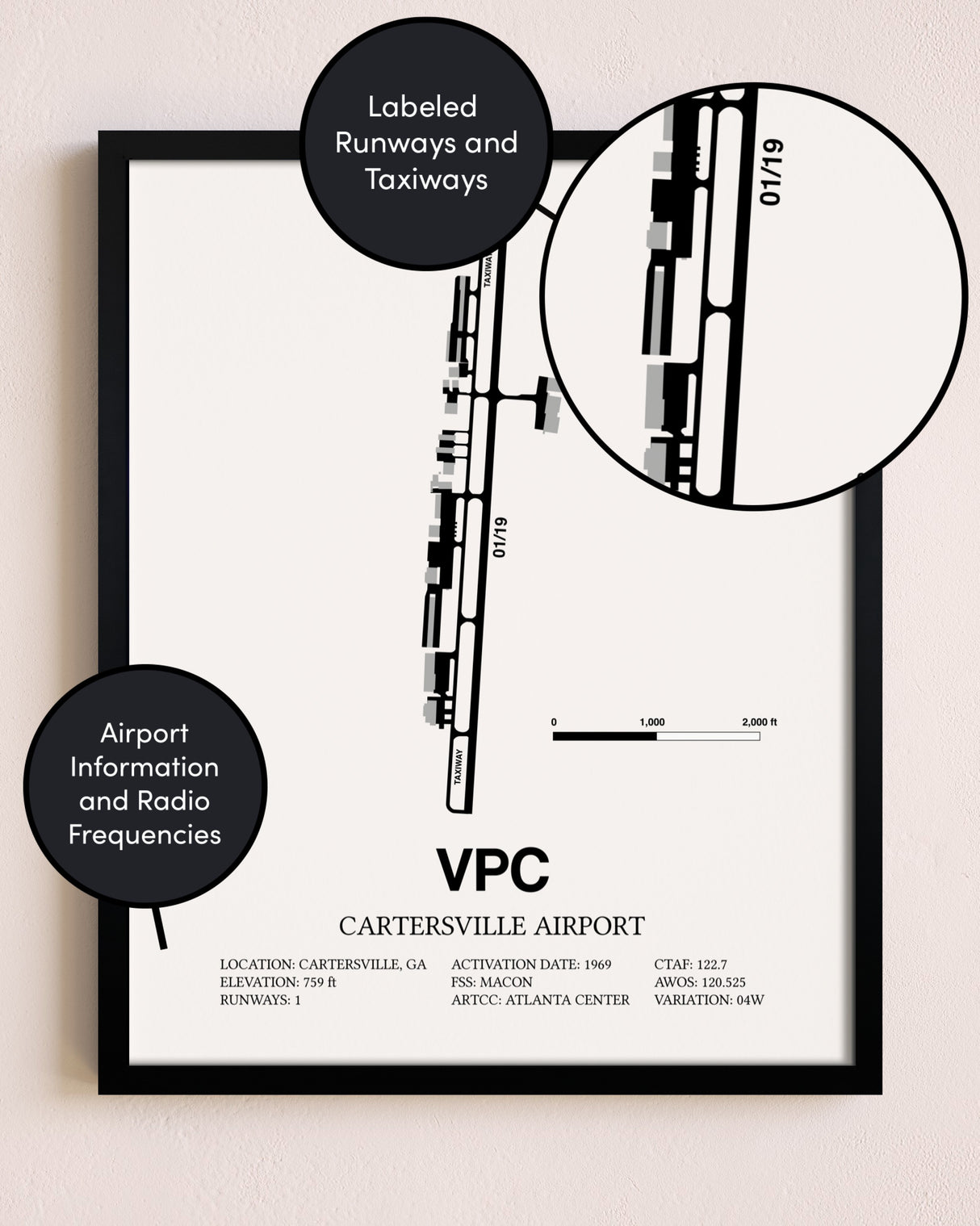Framed Cartersville Airport layout wall art poster