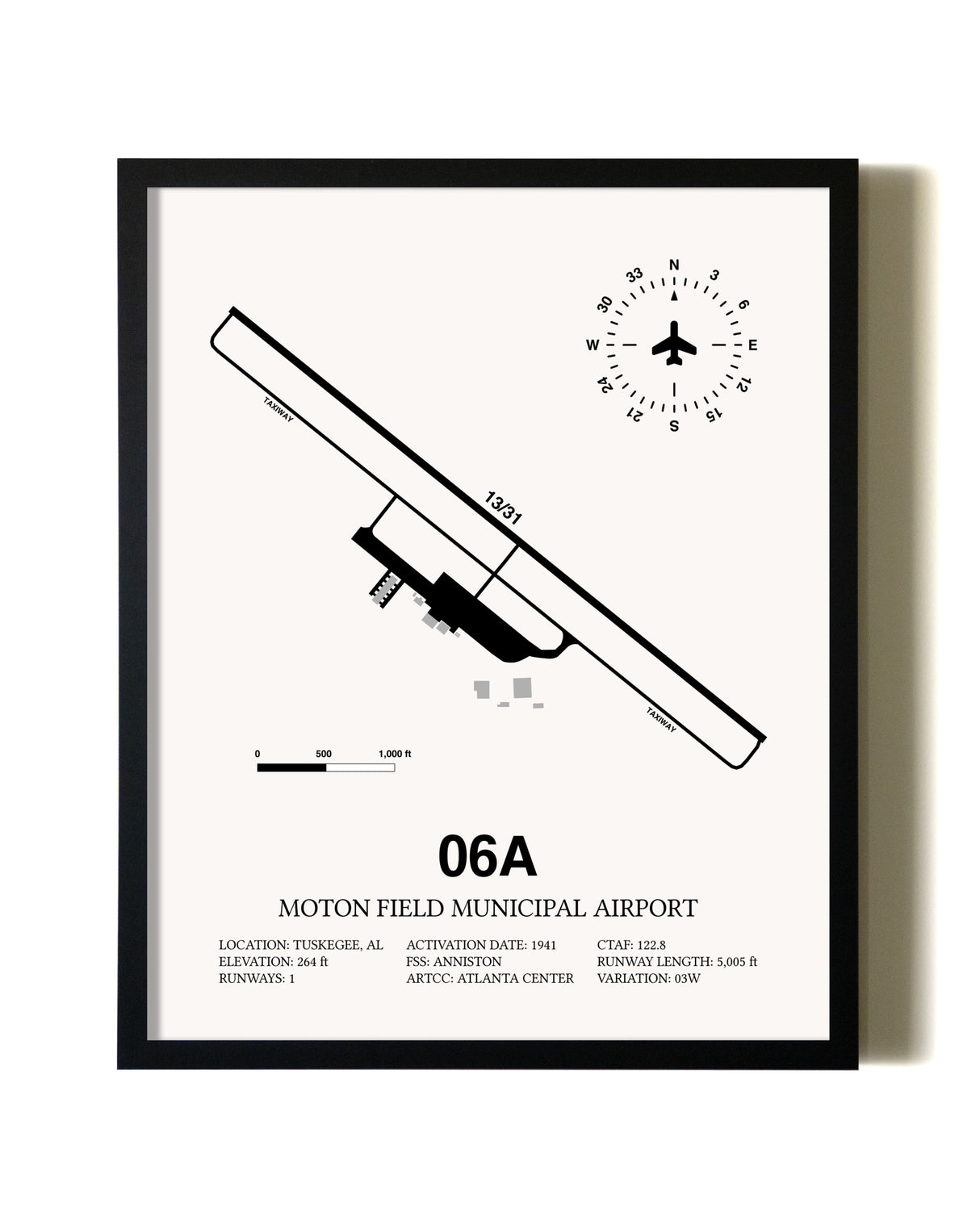 Framed Moton Field Municipal Airport wall art poster in black frame