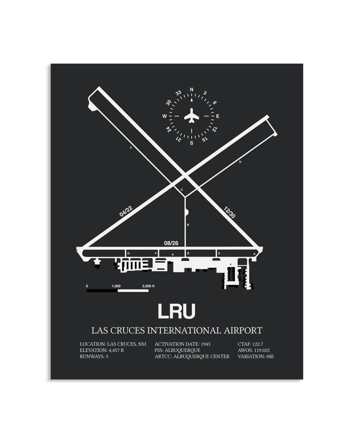 Gray Framed Las Cruces International Airport layout wall art poster