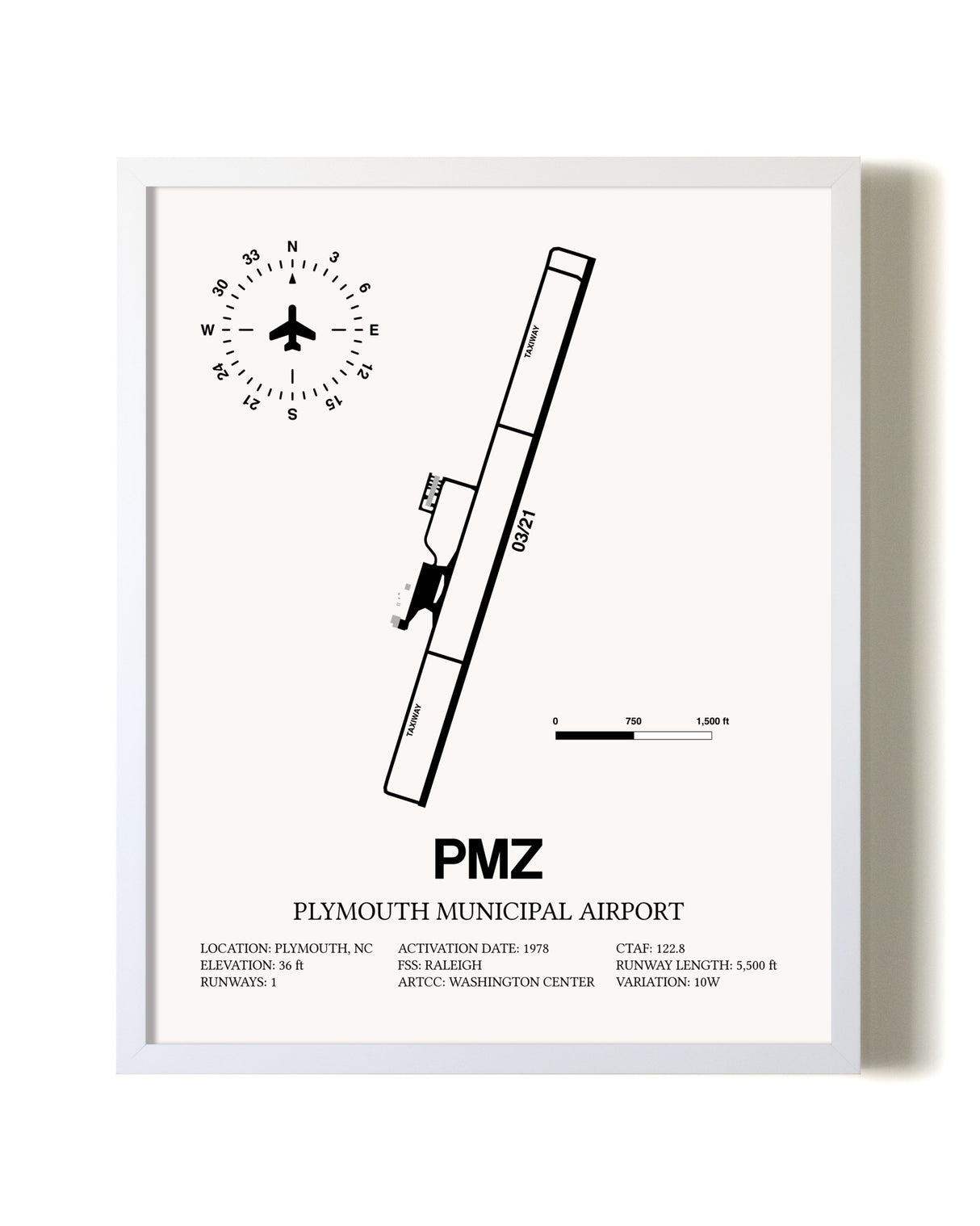 Plymouth Municipal Airport airport map poster in oak frame