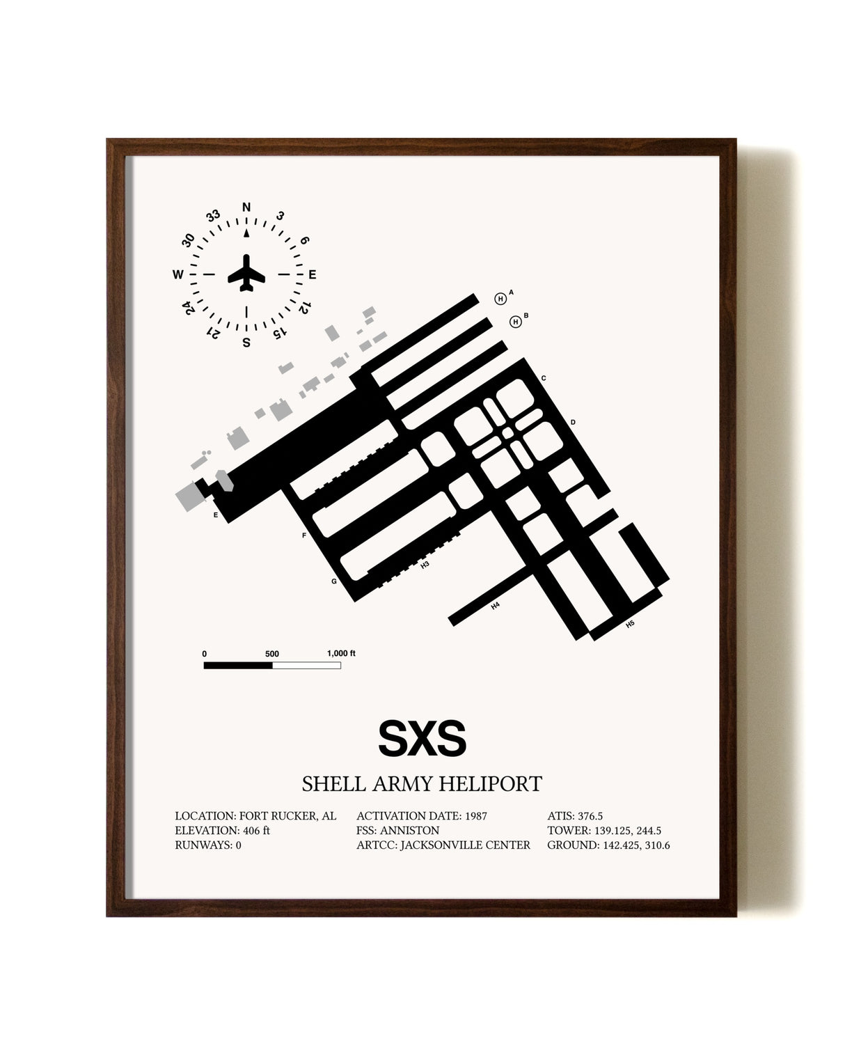 Shell Army Heliport aviation print in walnut frame