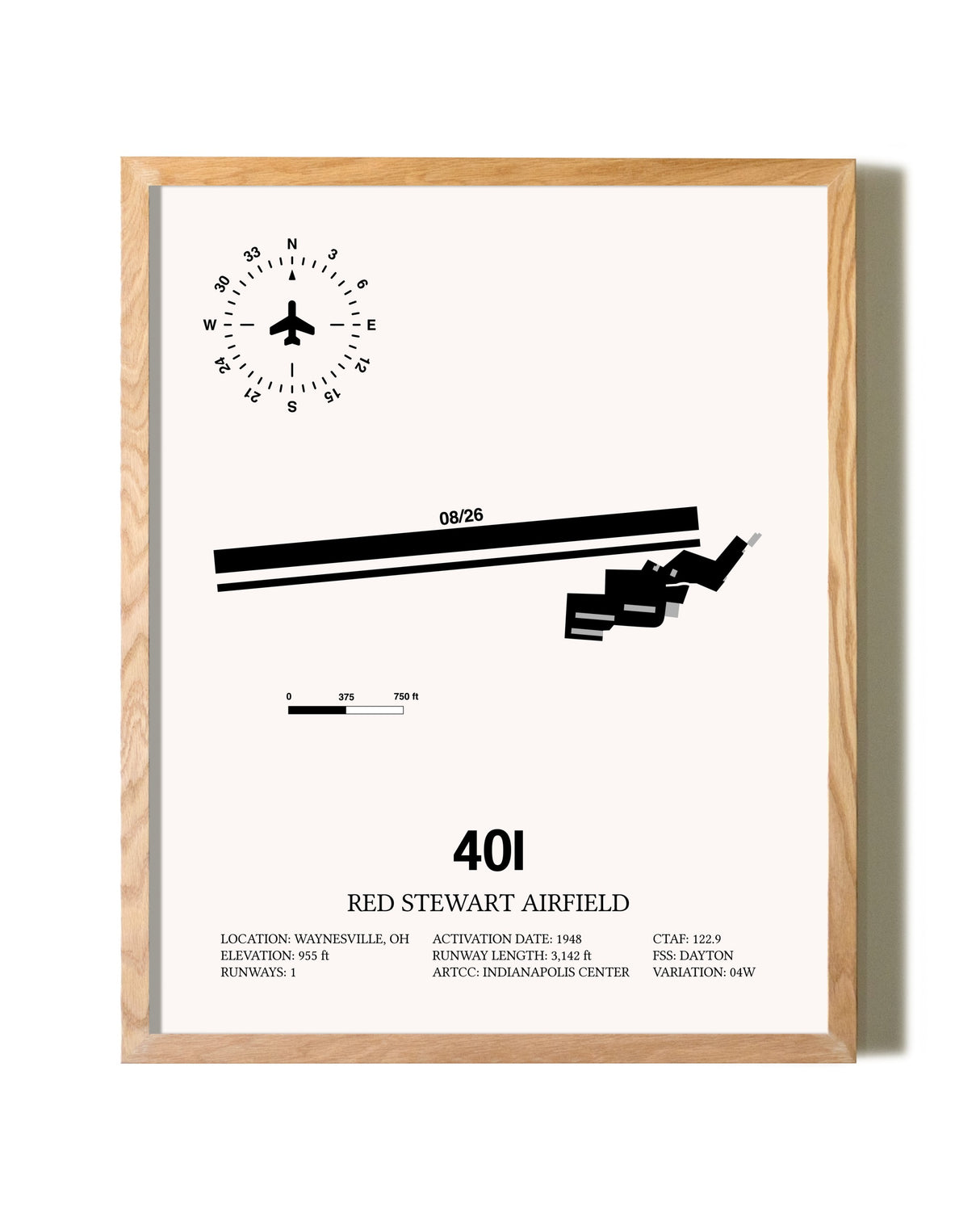 Red Stewart Airfield framed print in natural wood frame