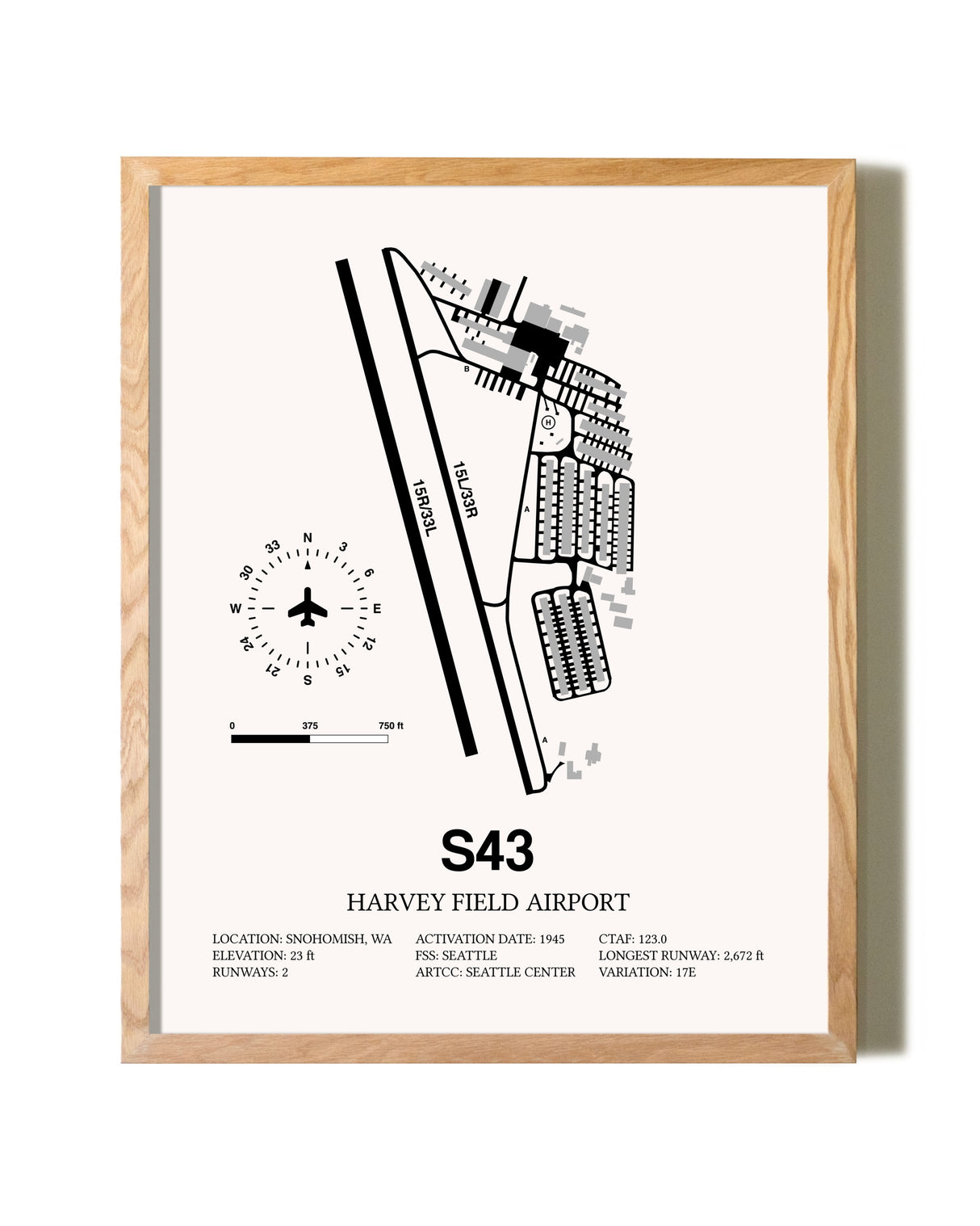 Harvey Field Airport framed print in natural wood frame