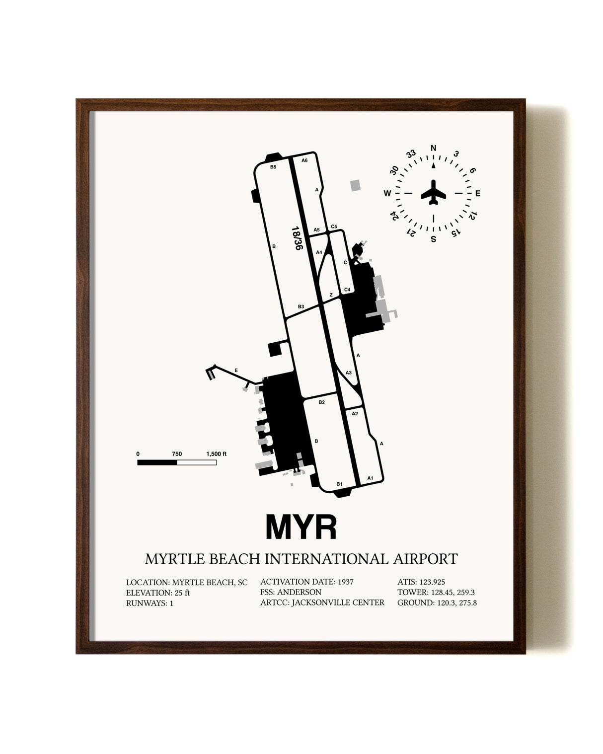 Myrtle Beach International Airport aviation print in walnut frame