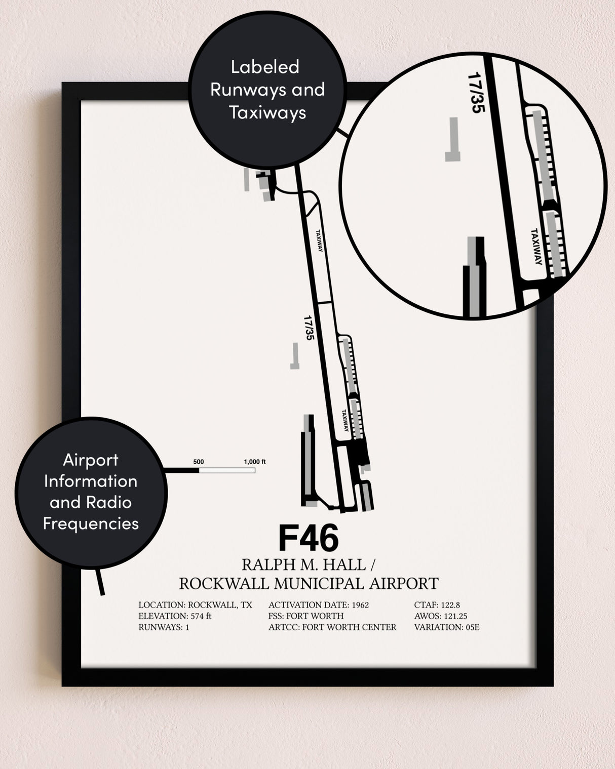 Framed Ralph M. Hall / Rockwall Municipal Airport layout wall art poster